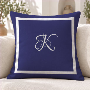 Coussin Monogramme Initial Minimaliste Bleu Gris Élégant