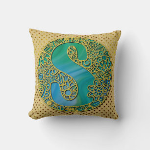 Coussin Monogramme Initial Moderne Lettre Dorée et Turquoi