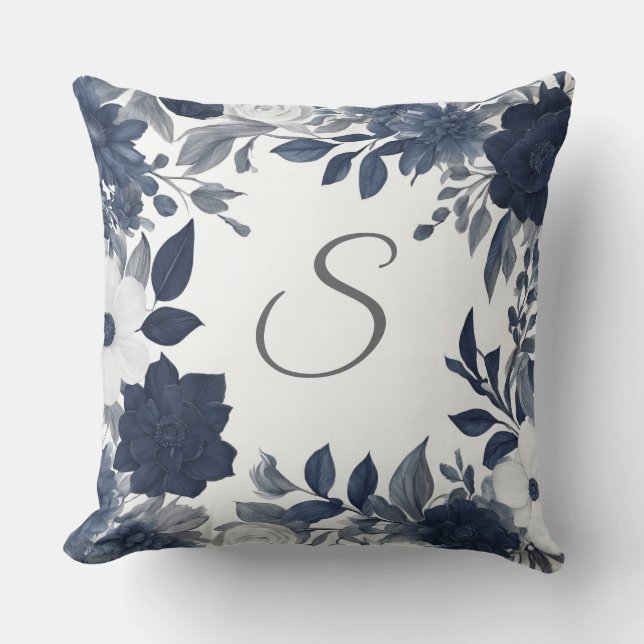 Coussin Monogramme Initial Navy Bleu Gris Floral Maison de (Recto)