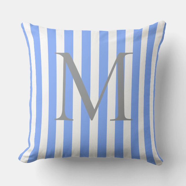 Coussin Monogramme Initial Personnalisé à Rayures Bleues (Recto)