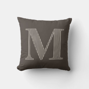 Coussin Monogramme Initial Personnalisé Moderne Brun Rayé