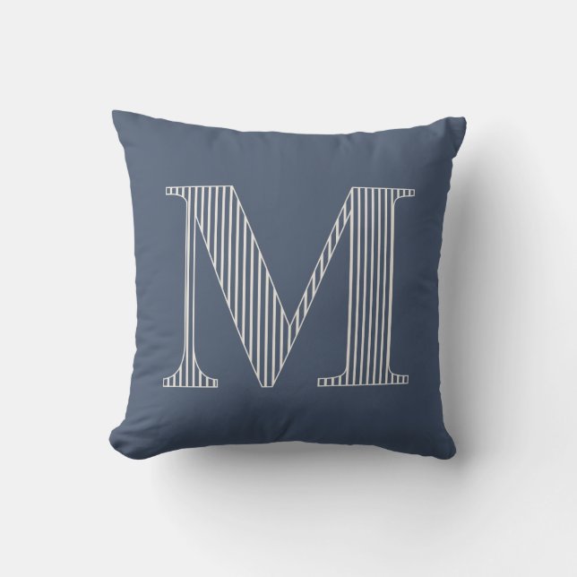 Coussin Monogramme Initial Personnalisé Moderne Rayé Bleu (Recto)