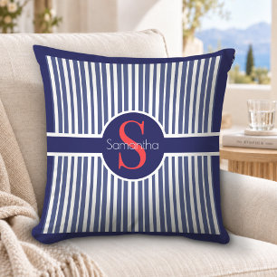 Coussin Monogramme Initial Rayé Élégant Navy Rouge