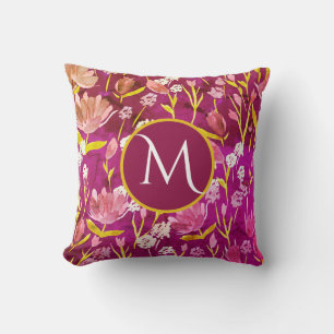 Coussin Monogramme initial romantique Bourgogne florale