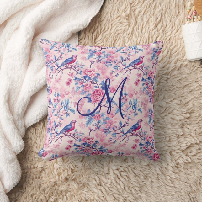 Coussin Monogramme Initial Rose Bleu Toile Floral Oiseaux (Couverture)