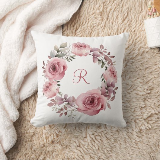 Coussin Monogramme Initial Roses Roses Vert feuillage Aqua (Couverture)