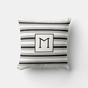 Coussin Monogramme initial sur fond blanc avec rayure gris