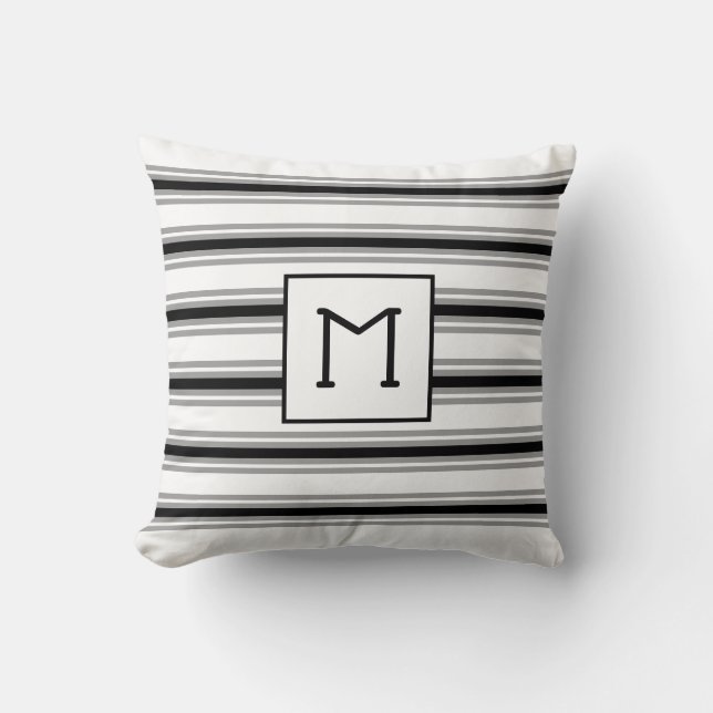Coussin Monogramme initial sur fond blanc rayé de gris noi (Recto)