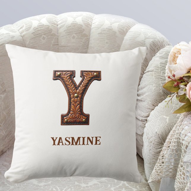 Coussin Monogramme initial Y en cuir western travaillé (Créateur téléchargé)