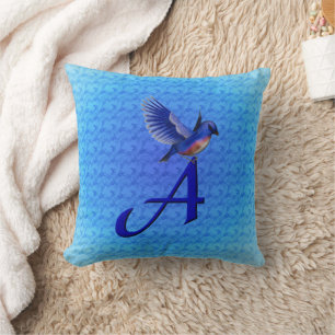 Coussin Monogramme Initiale A Oiseau Bleu