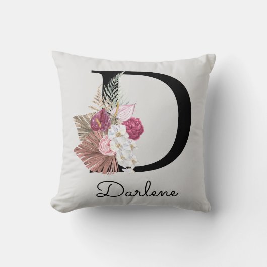 Coussin Monogramme Initiale D Rose Boho (Recto)
