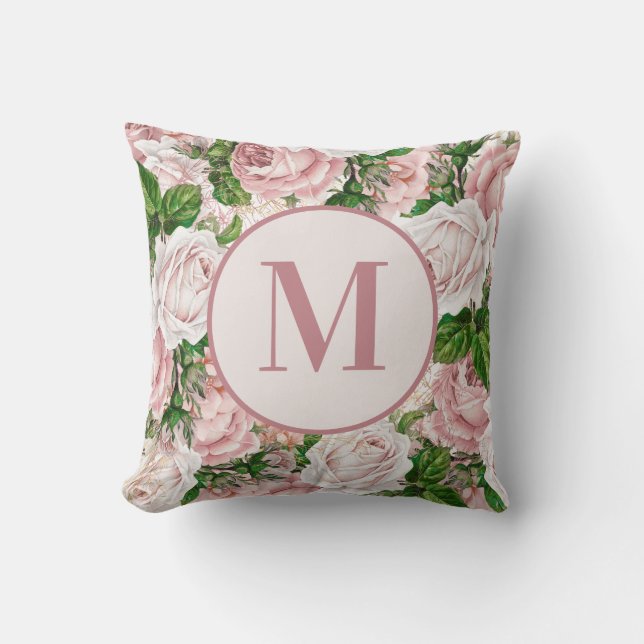 Coussin Monogramme initiale de fleurs roses anciennes (Recto)
