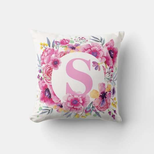 Coussin Monogramme Initiale de Nom en Aquarelle Fleur Rose (Recto)