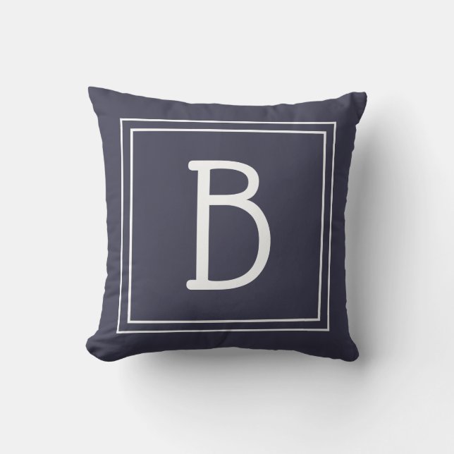 Coussin Monogramme initiale encadrée chic bleu nuit et bla (Recto)