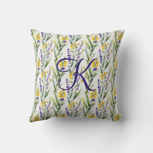 Coussin Monogramme initiale fleurs sauvages florales viole (Verso)