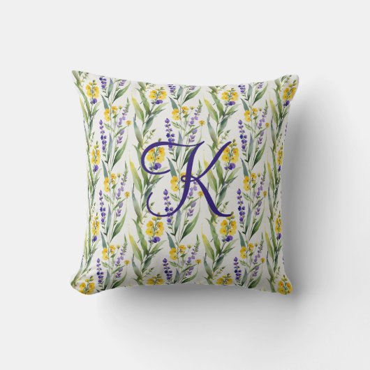 Coussin Monogramme initiale fleurs sauvages florales viole (Recto)