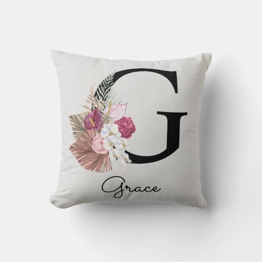 Coussin Monogramme initiale G floral boho rose (Recto)