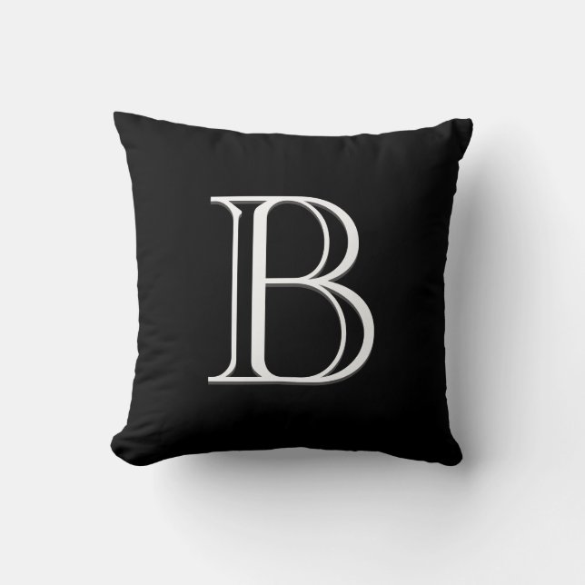 Coussin Monogramme Initiale Lettre Élégante Noir & Blanc (Recto)