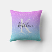Coussin Monogramme Initiale Nom Rose Bleu Étincelle Fémini (Verso)