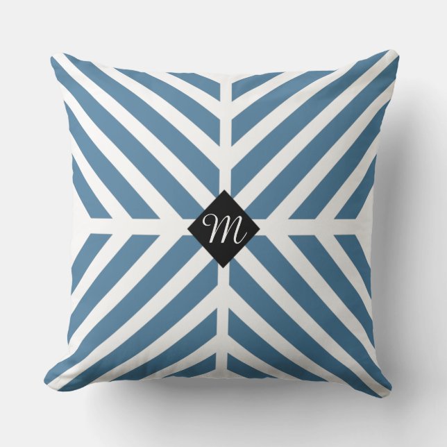 Coussin Monogramme Initiale Rayures Diagonales Bleues Mode (Recto)