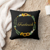 Coussin Monogramme Initiales de Nom Tournesols Floral Noir (Couverture)