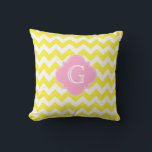 Coussin Monogramme jaune blanc Chevron rose Quatrefoil<br><div class="desc">Chevron jaune et blanc clair ZigZag Motif, Étiquette de Quatrefoil rose Monogramme Un motif élégant, moderne et chic en zig-zag chevron jaune et blanc éclatant. Customisez le étiquette de quatrefoil rose avec votre monogramme, nom ou autre texte. (Cliquez sur "Customiser" pour ajuster la taille des polices, les couleurs, etc.) Si...</div>