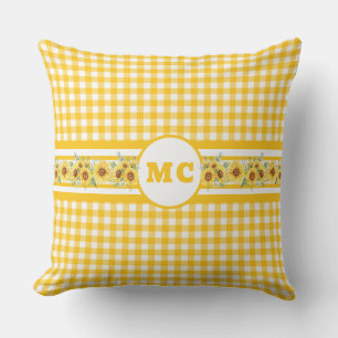 Coussin Monogramme jaune vif En vichy tournesol plaqué