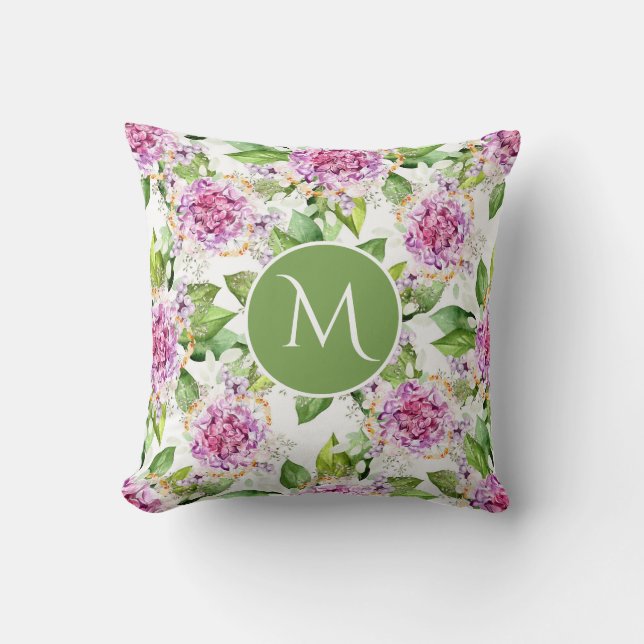 Coussin Monogramme Joli violet vert Aquarelle Florale (Recto)