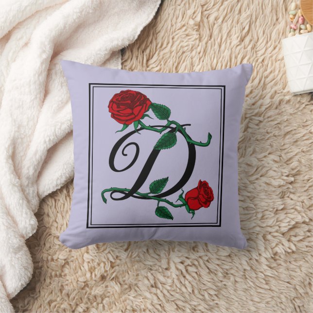 Coussin Monogramme lettre D avec roses rouges violet (Couverture)