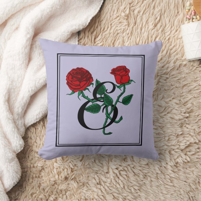 Coussin Monogramme Lettre E avec Roses Rouges Violet (Couverture)