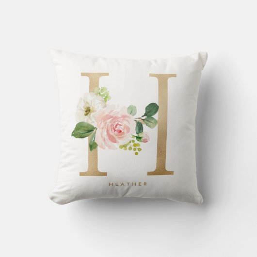 Coussin Monogramme lettre H floral en faux papier d'or (Recto)