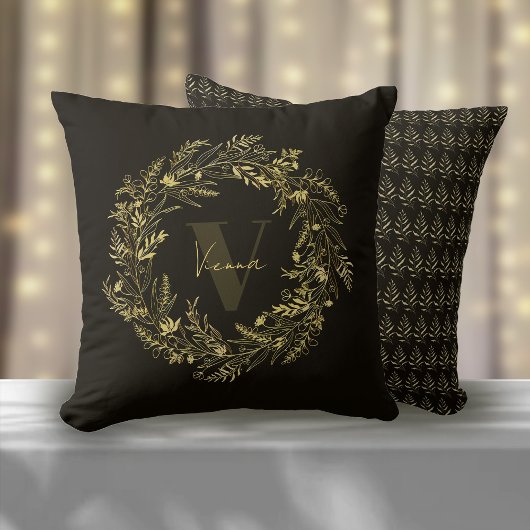 Coussin Monogramme lettre V feuille d'or velours