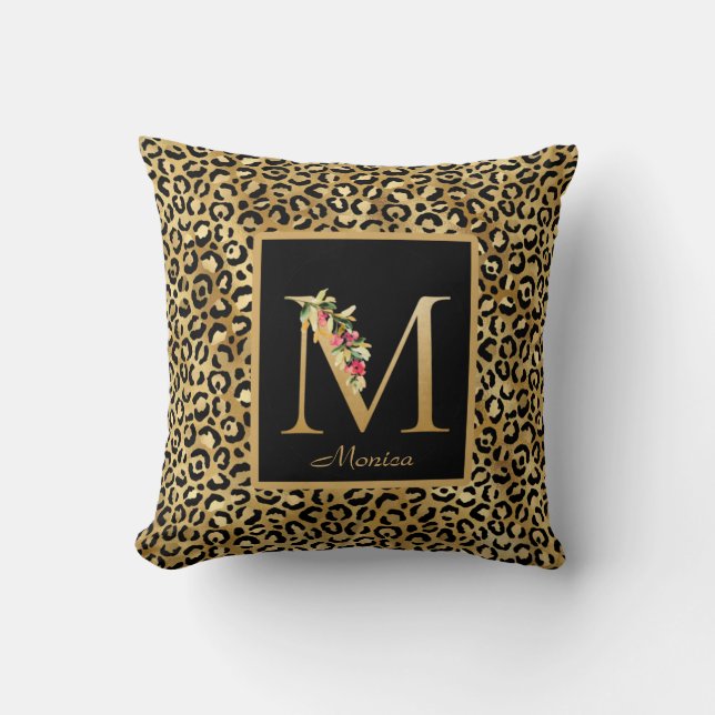 Coussin Monogramme M personnalisé Léopard Moderne (Recto)