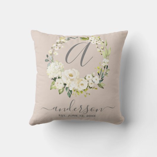 Coussin Monogramme Mariage Keepsaké blanc fleuri Wreath (Verso)