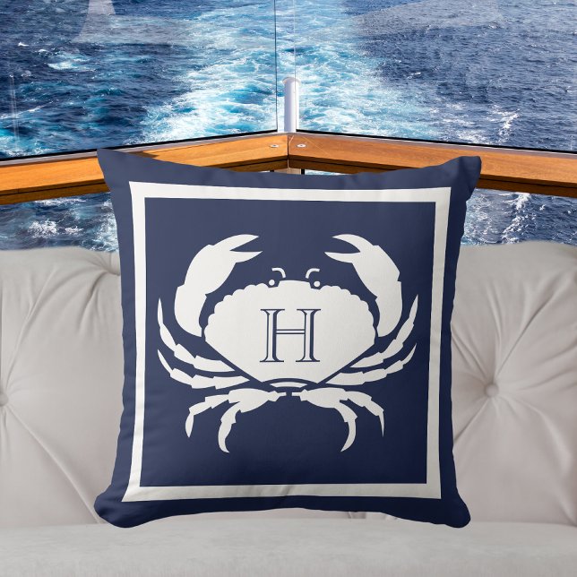 Coussin Monogramme Marine Bleu Crabe Blanc Nautique (Créateur téléchargé)