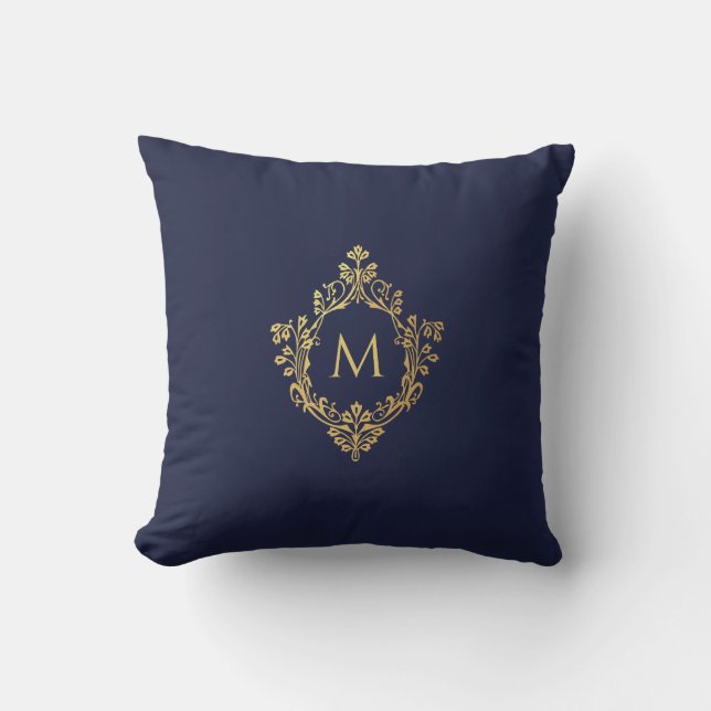 Coussin Monogramme Marine Bleu Faux Or Élégante crête Vint (Recto)