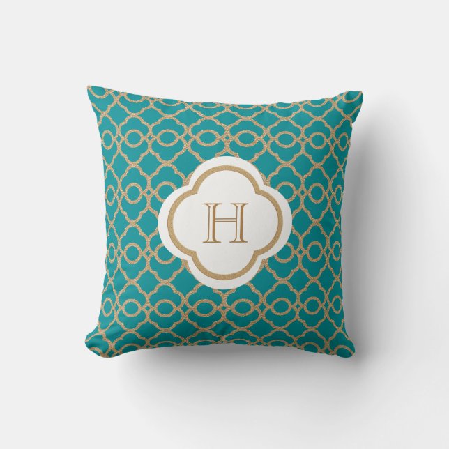 Coussin Monogramme marocain Turquoise et or (Recto)