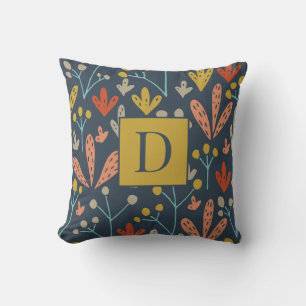 Coussin Monogramme moderne à motif floral Or ancien