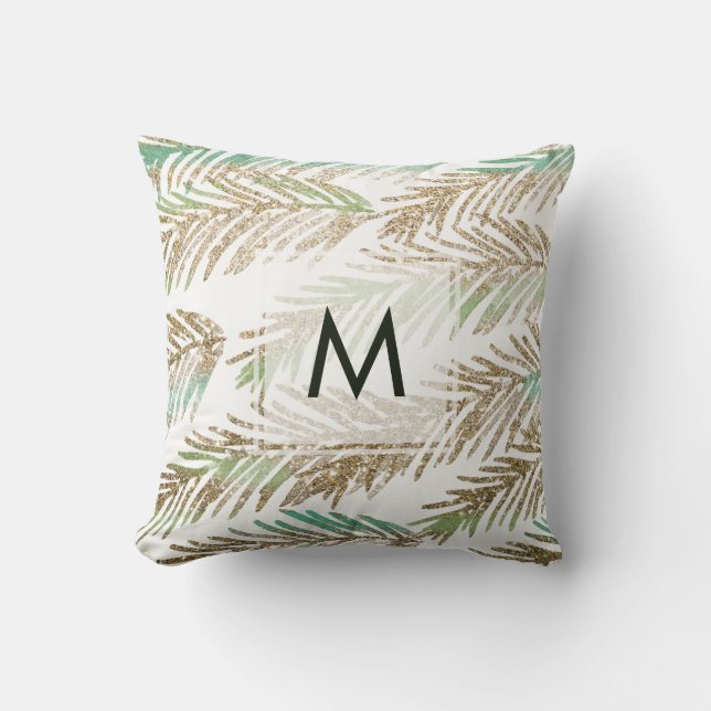 Coussin Monogramme Moderne Arbre de Noël Feuilles Jeu d'or (Recto)