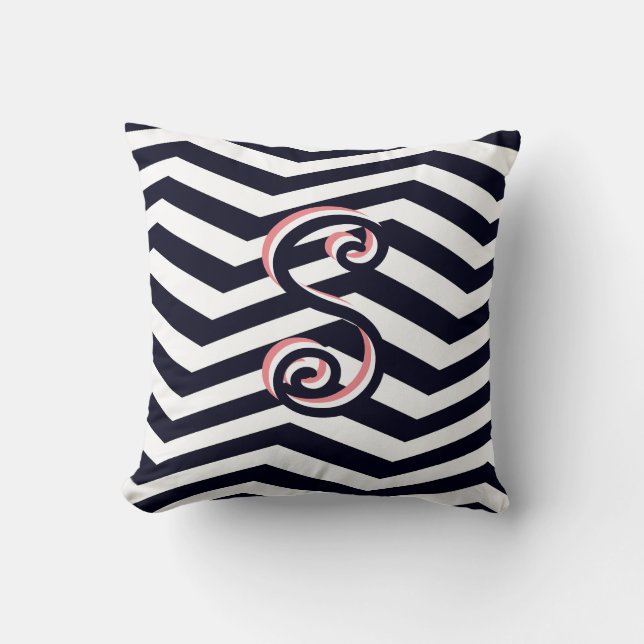 Coussin Monogramme moderne Chevron Black Stripe rose tenda (Recto)