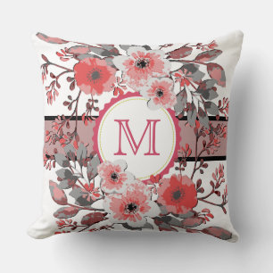 Coussin Monogramme Moderne Corail Floral Vintage