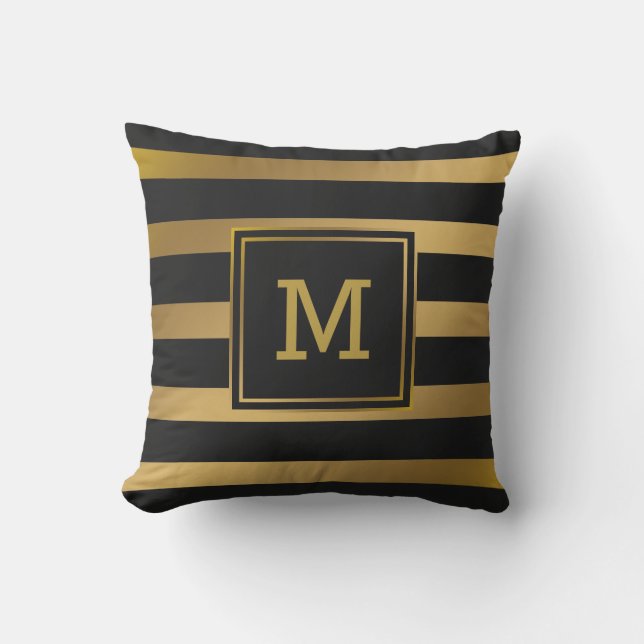 Coussin Monogramme moderne de rayures de noir et d'or de (Recto)