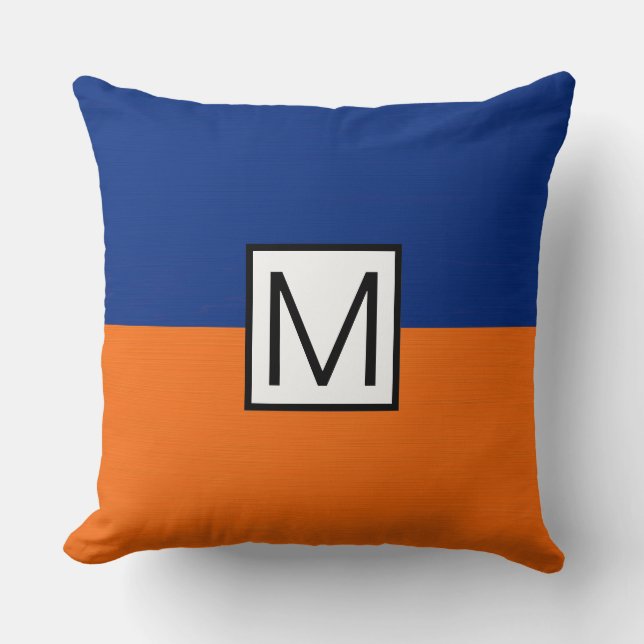 Coussin Monogramme Moderne Élégant Orange et Bleu Foncé (Recto)
