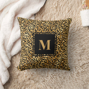 Coussin Monogramme moderne Empreinte de léopard d'or noir