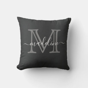 Coussin Monogramme moderne en métal brossé gris noir