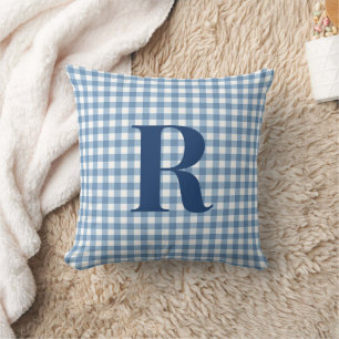 Coussin Monogramme Moderne en Vichy Bleu