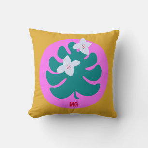 Coussin Monogramme moderne floral tropical coloré rose