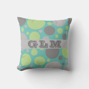Coussin Monogramme moderne gris et bulles vertes