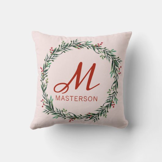 Coussin Monogramme moderne Holly Wreath Noël (Verso)