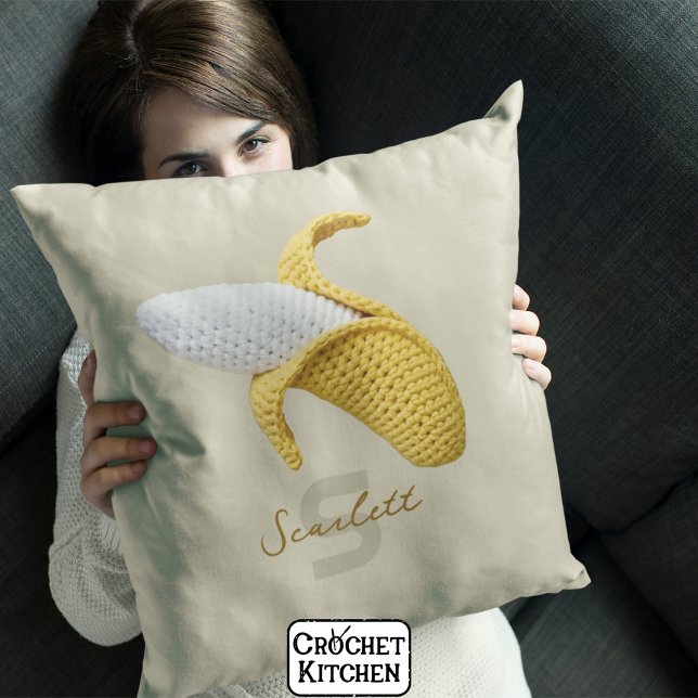 Coussin Monogramme moderne minimal Nom Crochet Banana (Créateur téléchargé)